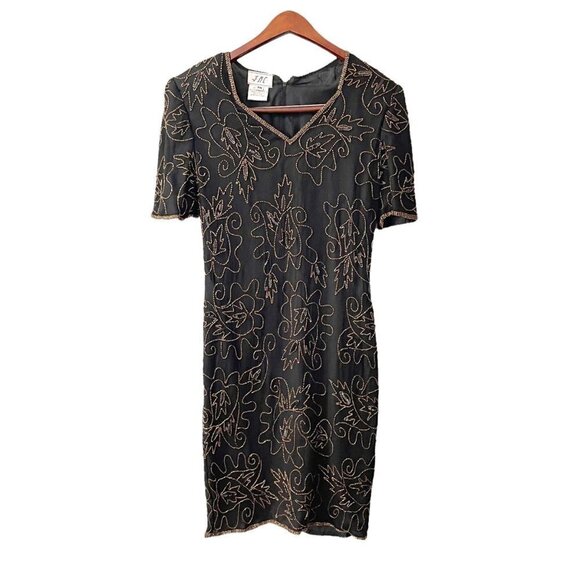 Vintage J.M.C. Black Silk Beaded Sequined V-Neck Cocktail Dress Women's Size PM - Picture 1 of 9